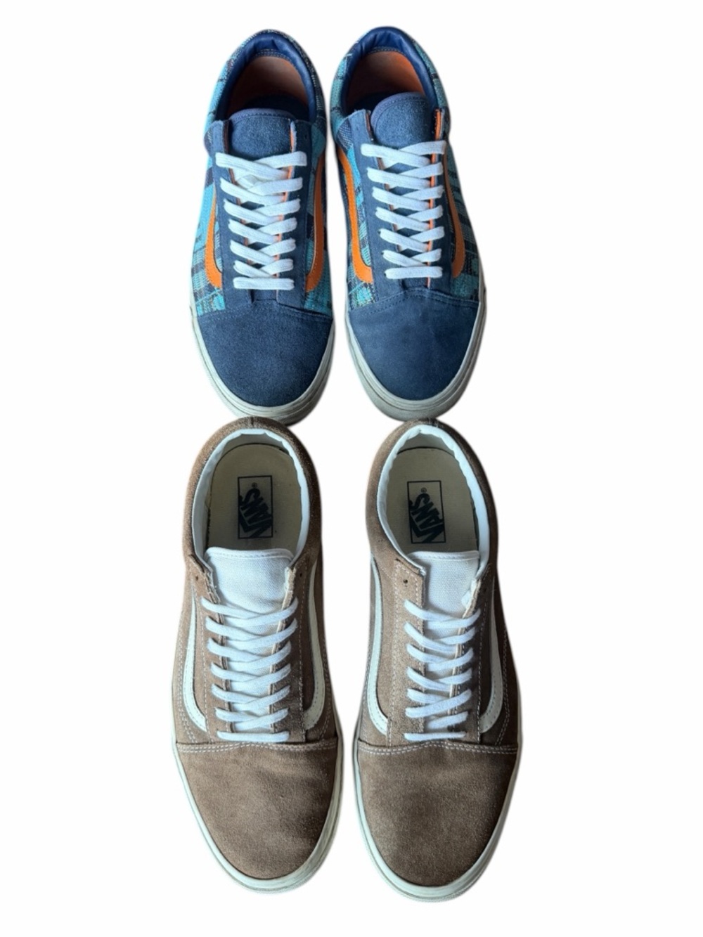 2 Pairs Vans Old Skool Sneakers Bundle Men’s Size 12 – Blue Pattern & Tan Suede